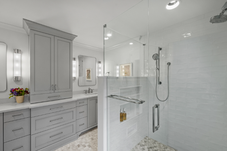 Phillips Remodeled White Bathroom View of Sinks and Storage, and Walk-in Shower by Hopedale Builders in Charlotte, NC