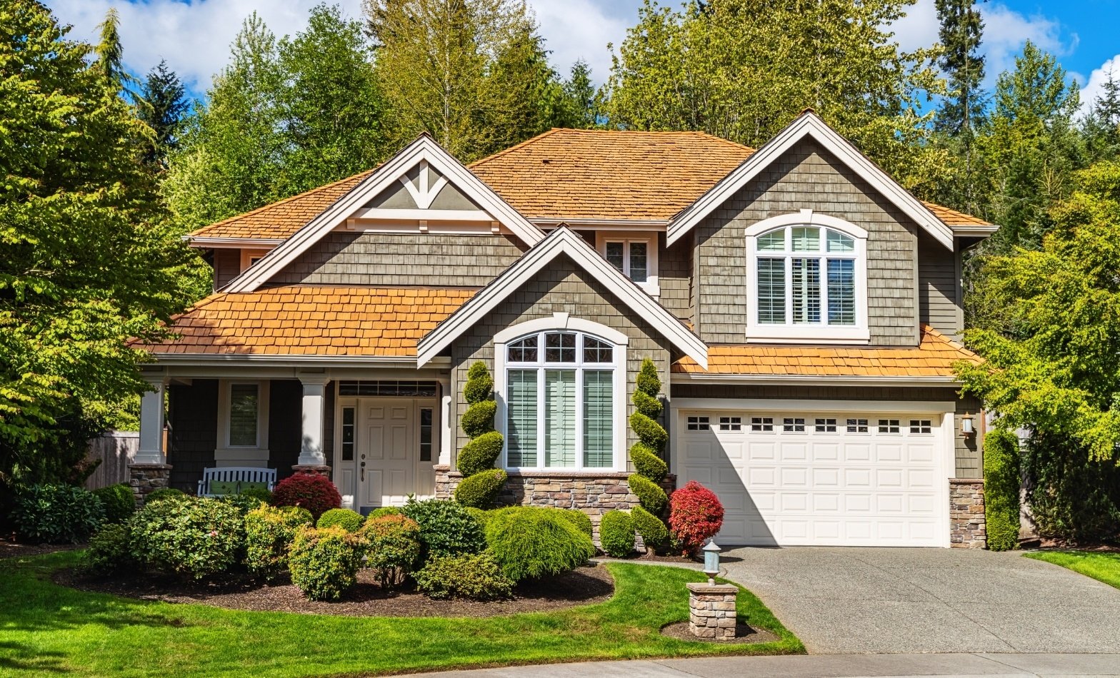 Exterior of custom home with front porch and white trim